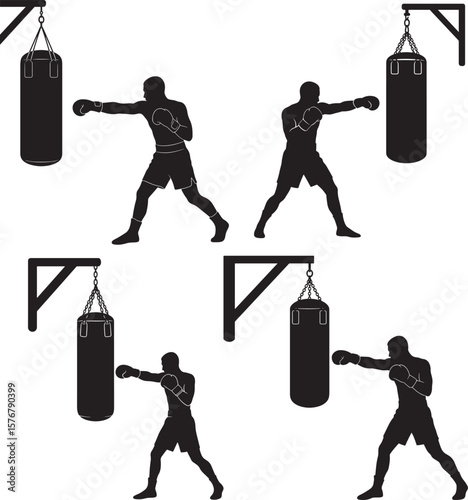 Boxer punching a heavy bag in dynamic action silhouette