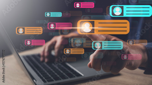 Canvas Print Team communication and knowledge sharing concept showing digital messaging bubbles on a laptop screen for collaborative online interaction