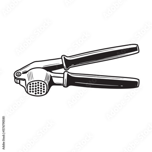 Black and white illustration of a garlic press kitchen utensil cooking tool