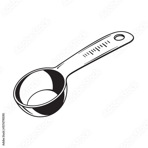 Black and white illustration of a measuring spoon with markings kitchen utensil cooking