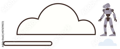 Robot standing near a stylized cloud outline symbolizing artificial intelligence, connectivity, and cloud computing innovation. Ideal for technology, AI development, data storage, robotics, future