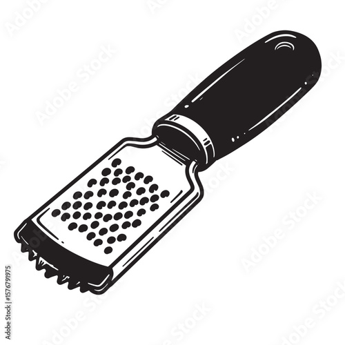 Black handheld grater with textured handle and grating surface kitchen tool utensil