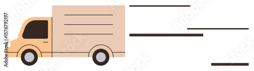 Beige delivery truck moving quickly with motion lines, emphasizing speed, reliability, transportation, logistics, and supply chains. Ideal for delivery, shipping, business e-commerce transport