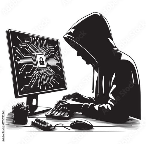 Computer hacker individual using a laptop vector graphics