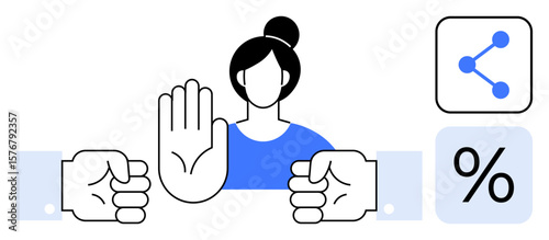 Woman raising hand to stop fists clashing, symbolizing conflict resolution, sharing, and decision-making. Ideal for collaboration, teamwork, leadership, productivity, equality mediation simple