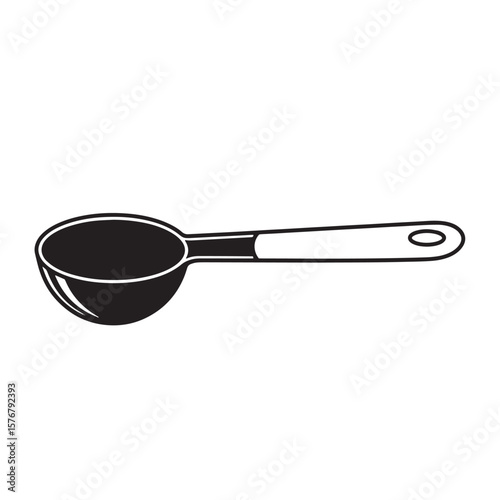 Black measuring spoon with white handle and hole kitchen utensil