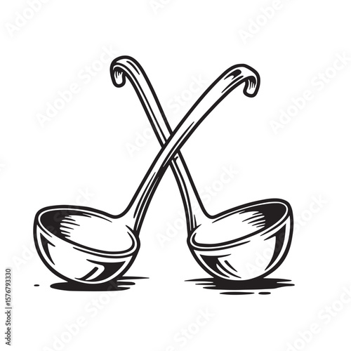 Crossed ladles with curved handles and round bowls kitchenware cooking