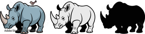 Rhino illustration set with bird, outline, and silhouette for graphic design and animal lovers art