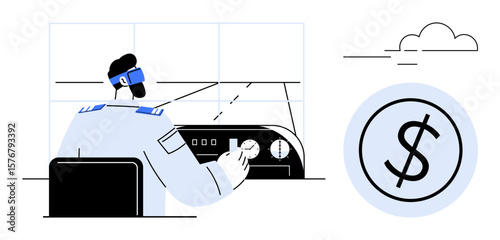 Pilot adjusting cockpit controls under a clear sky alongside a currency icon. Ideal for finance, aviation, career, economy, management, technology, and strategy concepts. Clean flat metaphor
