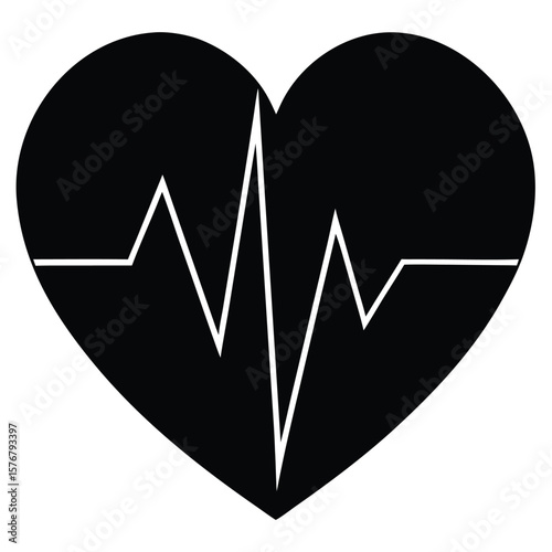 Black heart shape silhouette with white electrocardiogram line representing health and life