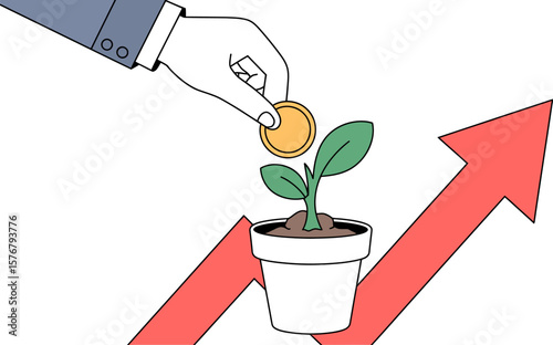 Investment growth concept: hand putting coin in plant pot with upward arrow, financial success