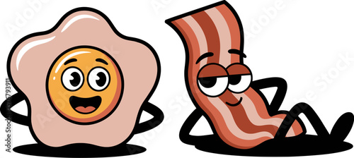 Cartoon breakfast food vector illustration featuring funny egg and bacon characters design art