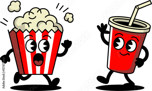 Cartoon popcorn and soda illustration for movie night snack food and drink vector design art