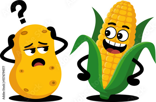 Cartoon potato confused next to happy corn illustration vector graphic food agriculture concept