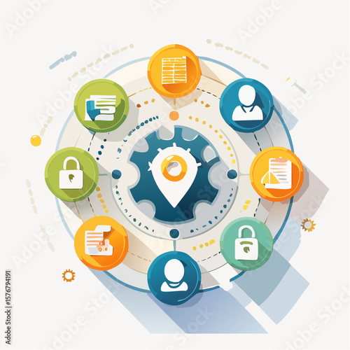 Circular illustration of business and technology icons representing security and concepts