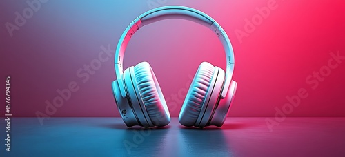 Over ear headphones mockup with blue and pink lighting

