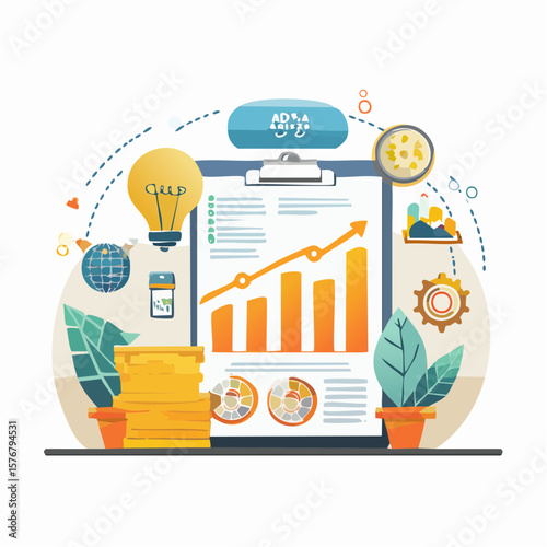 Colorful illustration depicting business growth, financial analysis, and marketing strategies