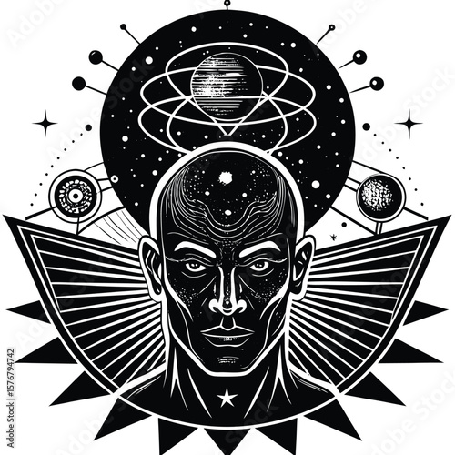 Mysterious bald man with cosmic elements and geometric patterns in a striking black and white silhouette style