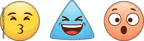 Expressions emojis vector illustration, kissing face, laughing triangle, surprised face icons set