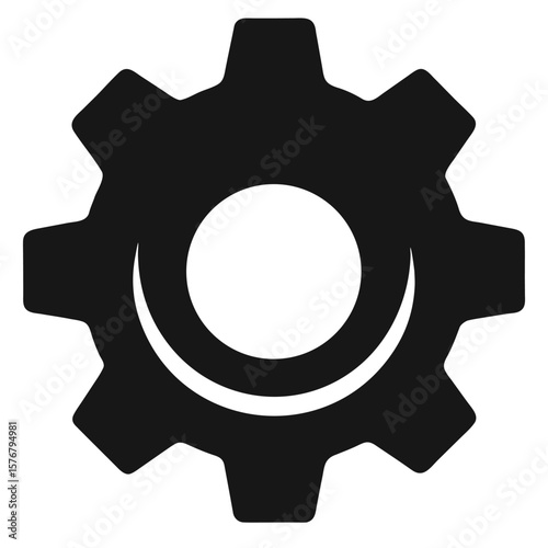 A striking black silhouette of a gear with a crescent moon inside a circle symbolizing industry and celestial harmony