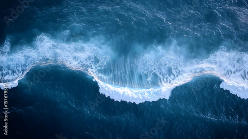 Aerial top view of ocean wave splashing, drone backdrop
