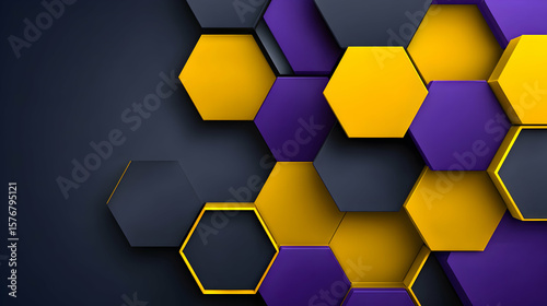 Geometric abstract background featuring a mosaic hexagons shades gold, purple, dark gray.