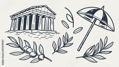 Explore athens greece landmarks parthenon olive branches and beach umbrella vector illustration design element