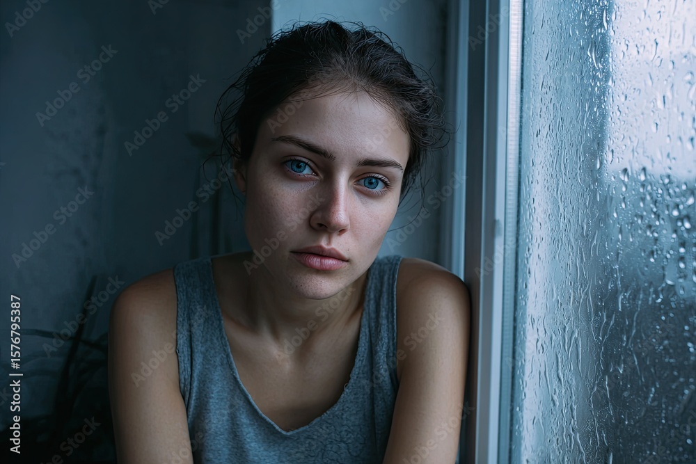 Fototapeta premium Portrait of a person sitting in stillness by a rain-covered window soft side lighting creating ambient reflections and