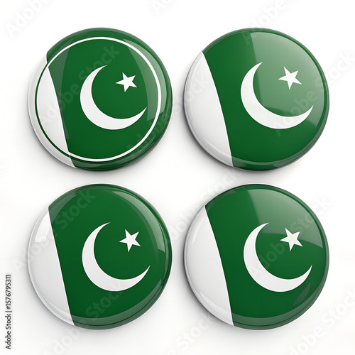 Pakistani Flag Button Badges: Set of Four Green and White Circular Pins