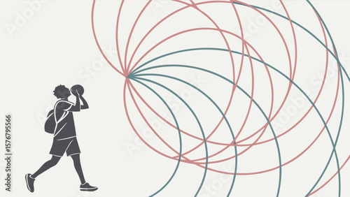 Basketball player throwing ball with abstract trajectory lines sport activity illustration design vector art