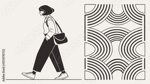 Woman walking with shoulder bag and geometric line pattern vector design illustration for creative projects is here