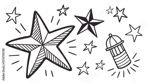 Hand drawn star illustration with nautical theme stars and lighthouse vector clip art for design project