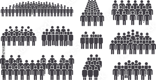 Set of people icon groups in different crowd shapes, symbolizing community, teamwork, unity, diversity, society structure, and population dynamics