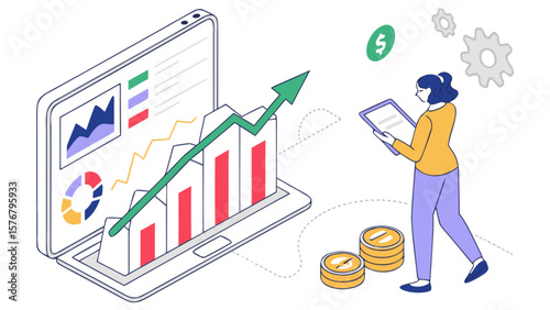 Financial growth analysis and planning with data charts on laptop screen for business success concept