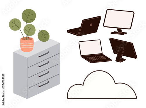 Laptop, desktop, and monitor arranged with a file cabinet featuring a potted plant. Ideal for computing, technology, cloud storage, digital solutions, office organization, remote work creative