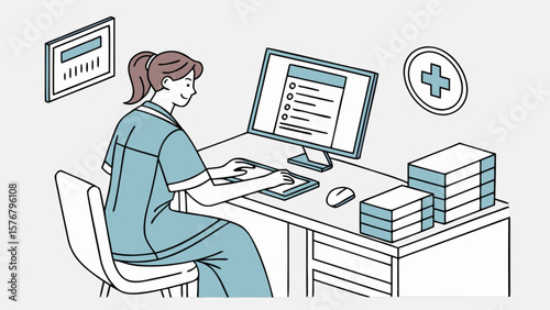 Healthcare worker using computer for medical records management and patient information system access online