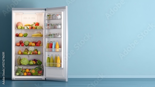 Fototapeta Naklejka Na Ścianę i Meble -  Open Refrigerator with Fresh Produce on Left – Clean Blue Wall on Right for Text or Branding