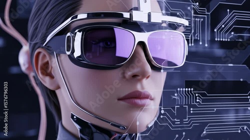 Futuristic woman wearing high-tech augmented reality glasses with digital circuitry background