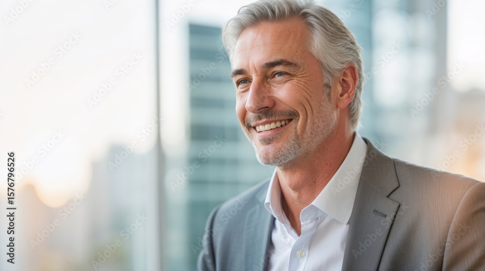 Satisfied Mature Businessman in suit looking at camera bright office Satisfied Mature Businessman in suit looking at camera bright office