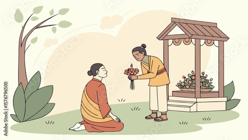 Offering flowers at shrine vector art illustration of buddhist tradition and spiritual offering design concept
