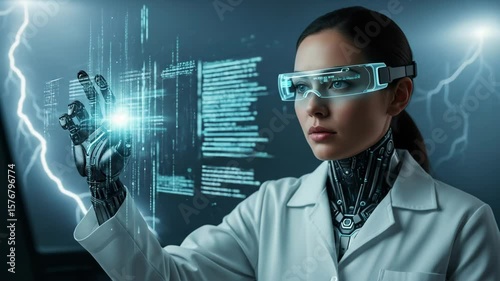 Futuristic scientist using augmented reality glasses to interact with digital data in a lab setting