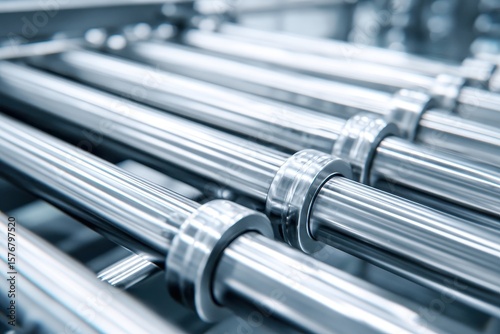 Shiny stainless steel metal pipes in a food processing facility during operational hours designed for efficiency and hygiene