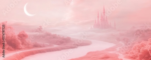 Pastel pink landscape with a fairytale castle.