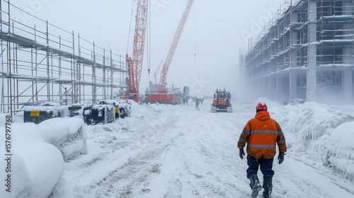 Construction site in winter snow with machinery, workers, and scaffolding during heavy snowfall and low visibility, showcasing winter project challenges