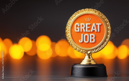Trophy with “Great Job” text on dark surface with bokeh lights