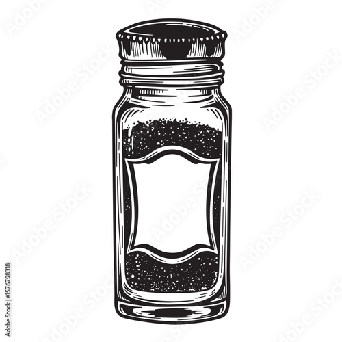 Black and white drawing of a spice jar with a textured lid and contents seasoning condiment