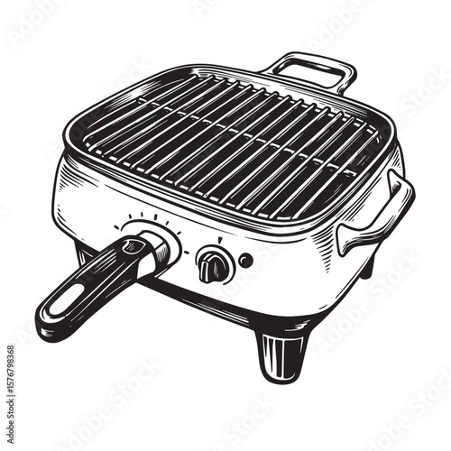Black and white drawing of an electric grill barbecue cooking