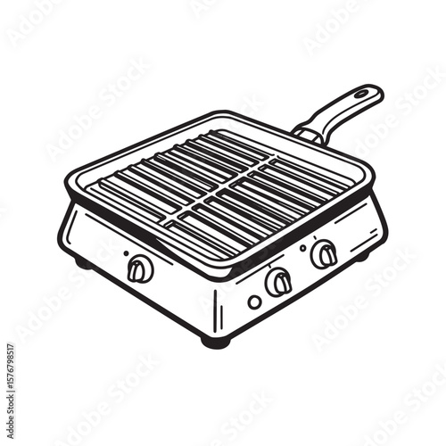 Black and white illustration of a grill pan with handle and knobs cooking kitchenware