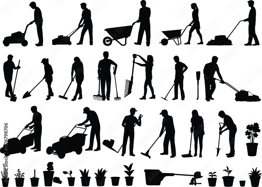 Obraz premium Silhouettes of people doing gardening work, lawn mowing, planting, digging, sweeping, watering, outdoor yard tasks with tools and plants