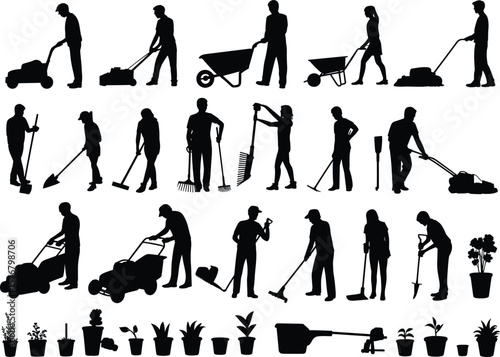 Silhouettes of people doing gardening work, lawn mowing, planting, digging, sweeping, watering, outdoor yard tasks with tools and plants
